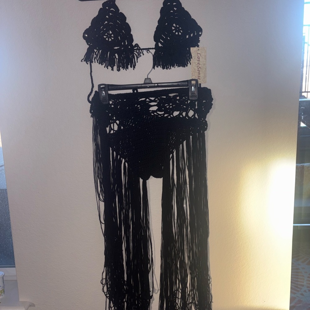 Love Sense NWT Black Crochet Fringe Bikini Set
